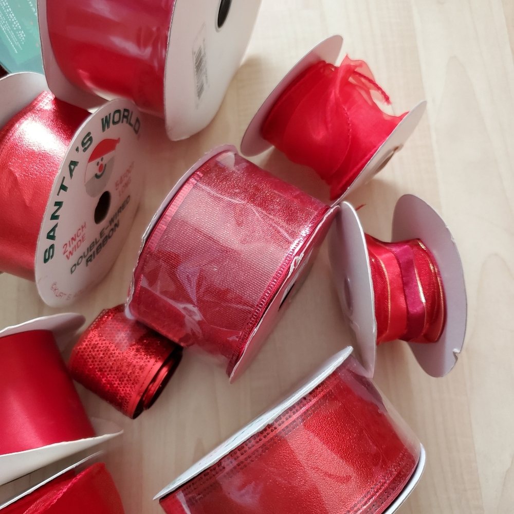 Red Ribbon Bundle Lot, Types Metallic, Sheer, Satin, Velvet Gift Wrapping - Picture 3 of 12